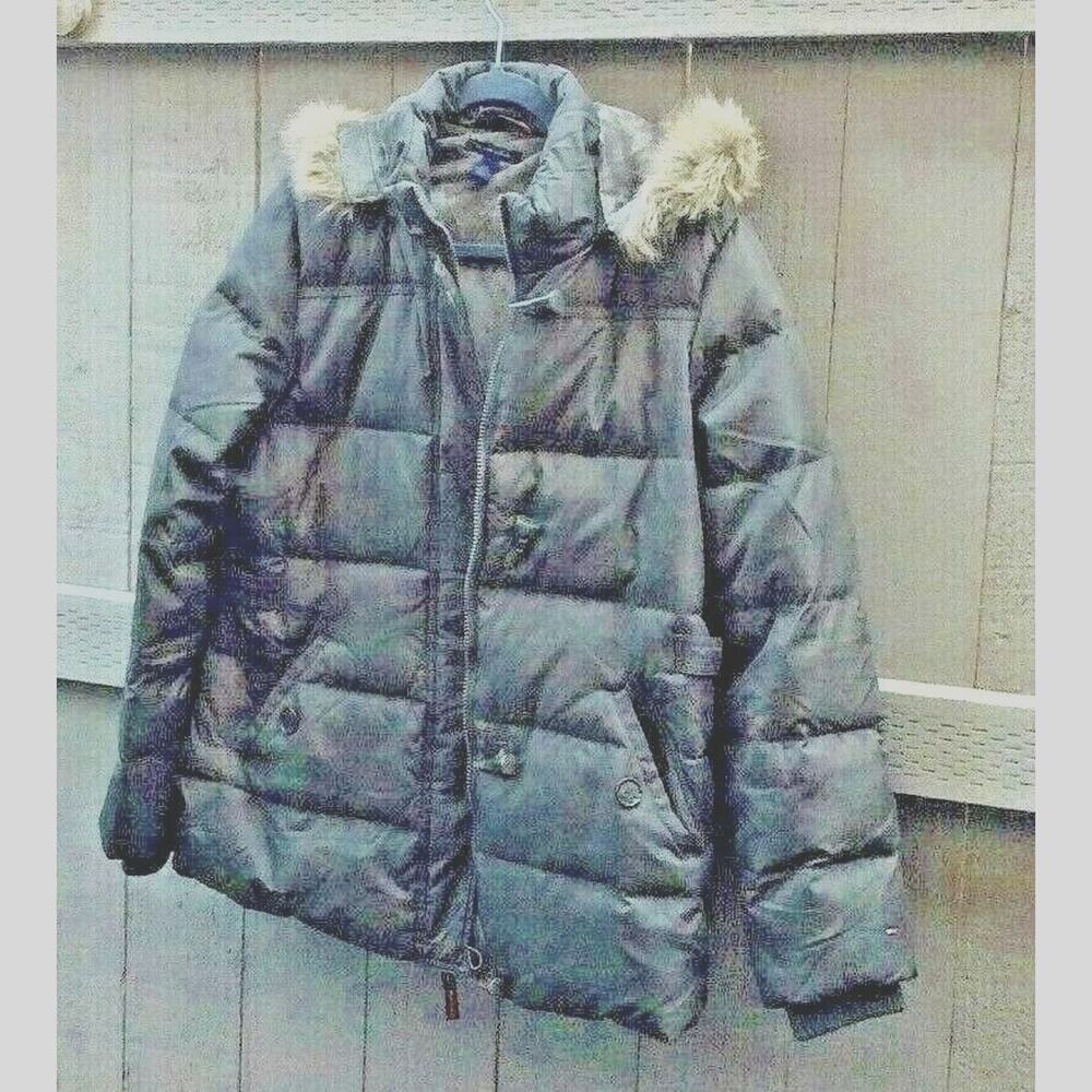 Tommy Hilfiger Winter Womens Hooded Jacket Steel Gray Color With Fur Edging On H